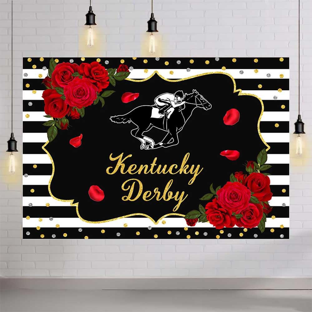 Mehofond 7X5Ft Kentucky Derby Backdrop Rose Kentucky Derby Photography Background Black White Horse Racing Party Supplies Gold C
