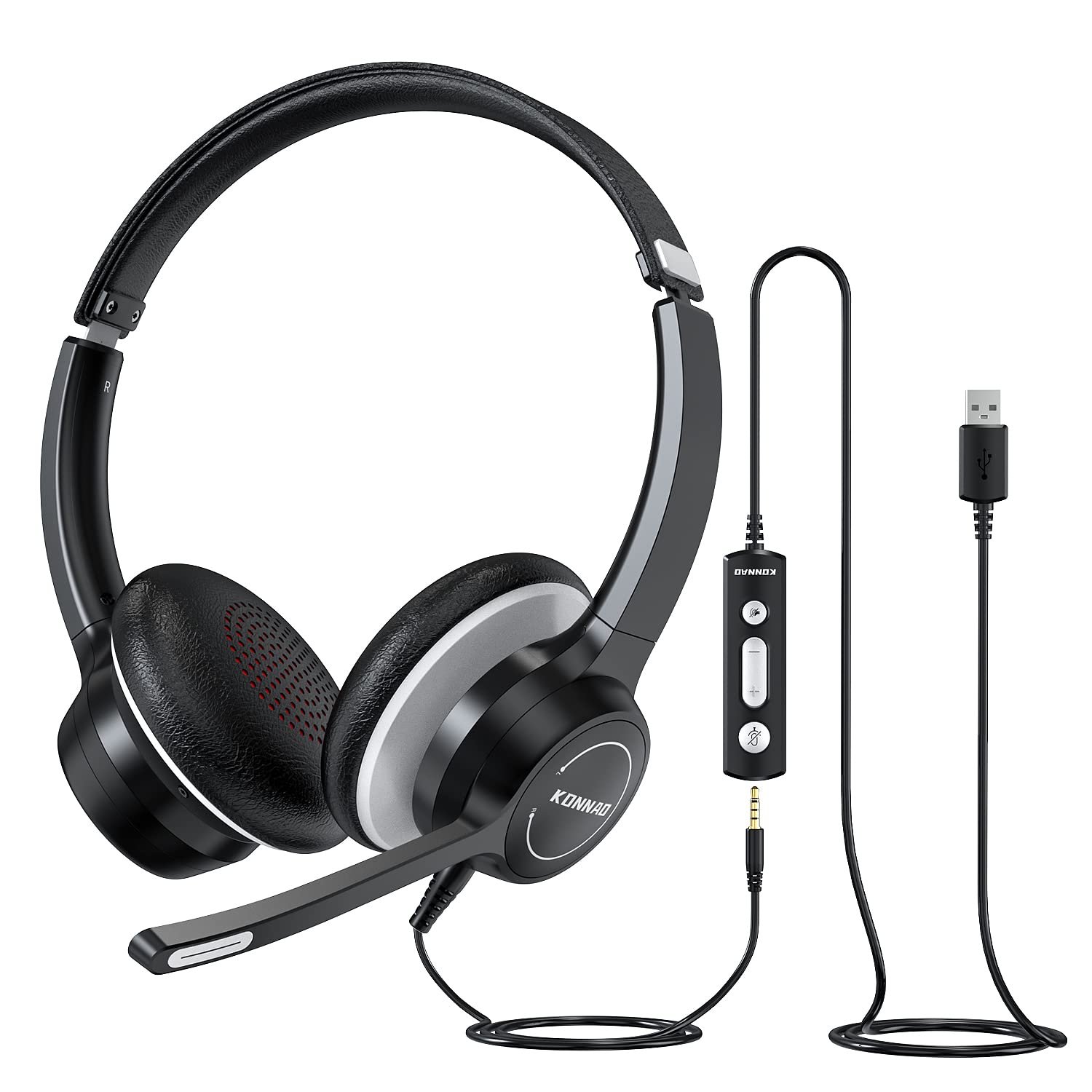Konnao Usb Headset With Microphone, 3.5Mm Wired Computer Headsets With Noise Cancelling Microphone, Stereo Headphones With Mic F