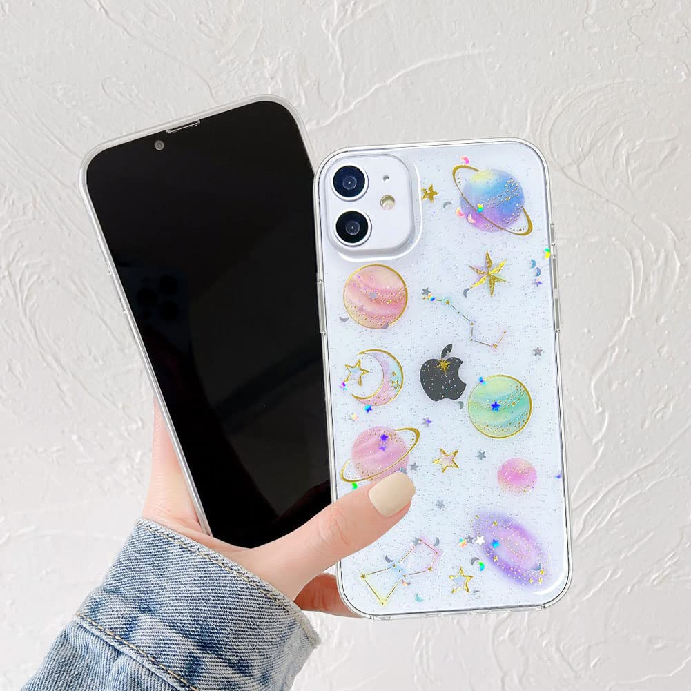 Abbery For Iphone 11 Case Space Theme Cute Glitter Sparkle Clear With Design Soft Silicone Tpu Flexible Rubber Universe Rainbow