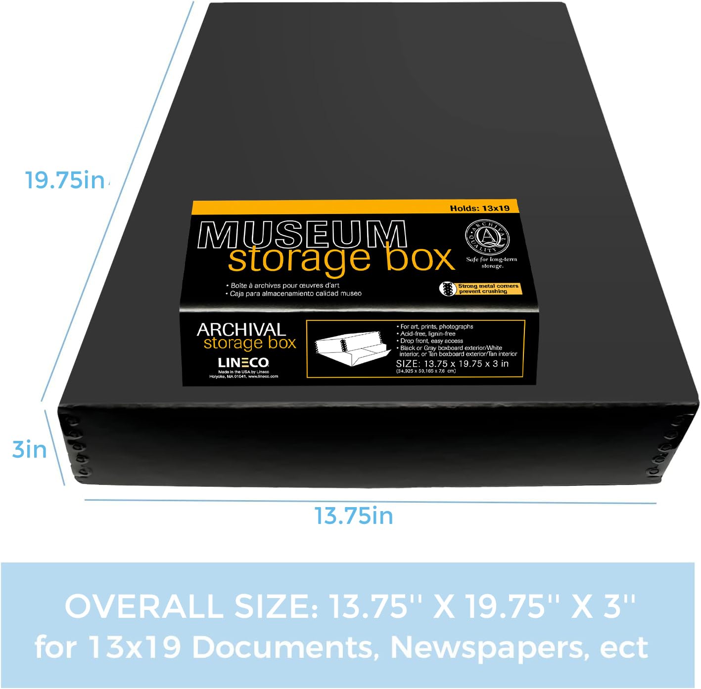 Lineco 13X19 Black Museum Storage Box, Removable Lid And Drop Front Design, 13.5 X 19.5 X 3 In Archival With Metal Edge, For Picture Longevity, Photos, Document, Crafts, Paper Art Print