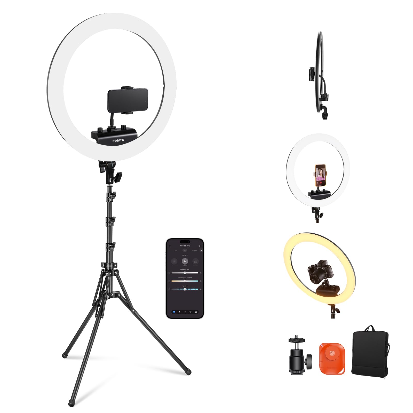 Neewer Professional Ring Light With Stand And Phone Holder, 18 Inch Ultra Thin, 45W 2900K 7000K Tlci98, Remote Shutter & App Con