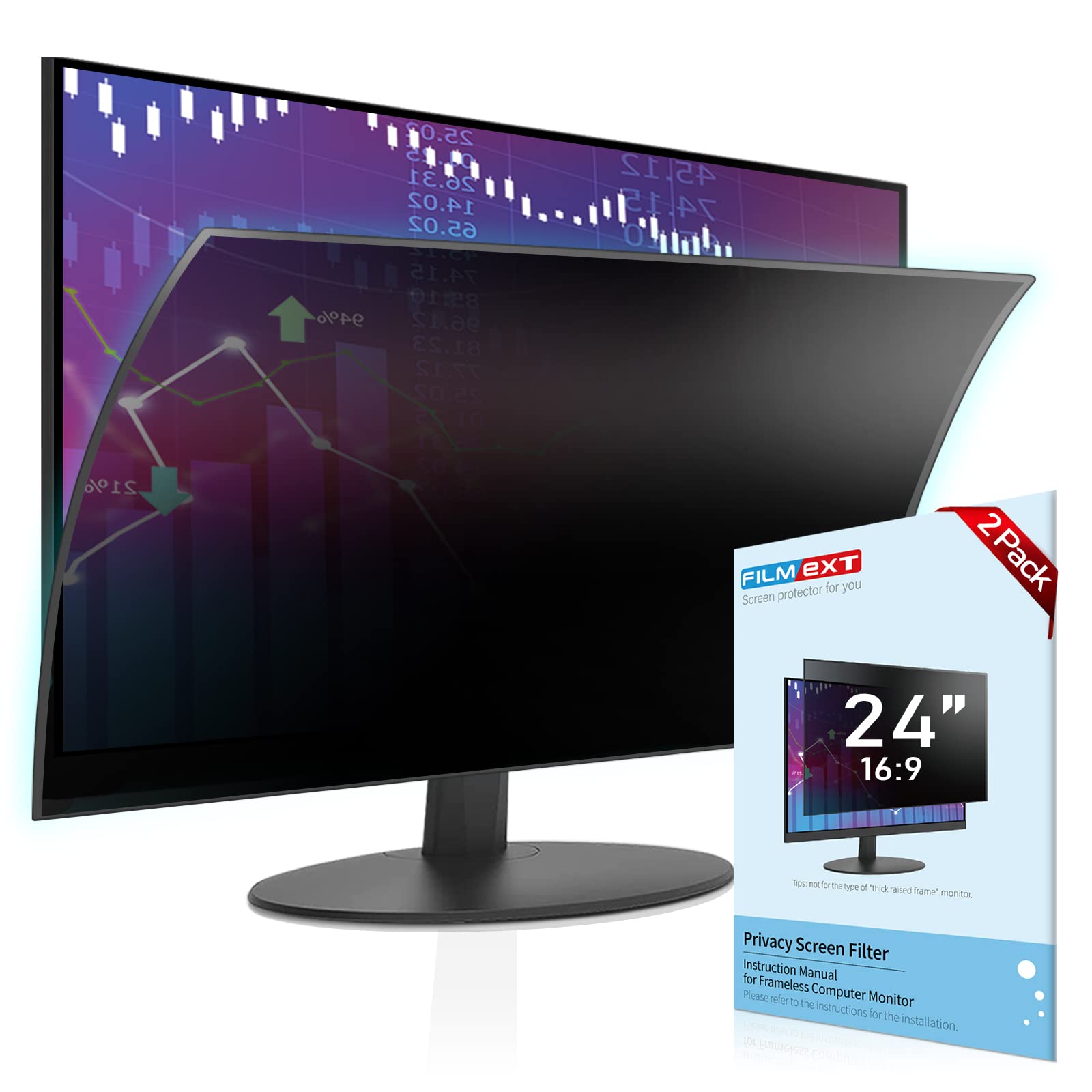 Filmext [2 Pack Removable 24 Inch Computer Privacy Screen Filter For 16:9 All In One Desktop/Frameless Monitor   Blue Light Uv B