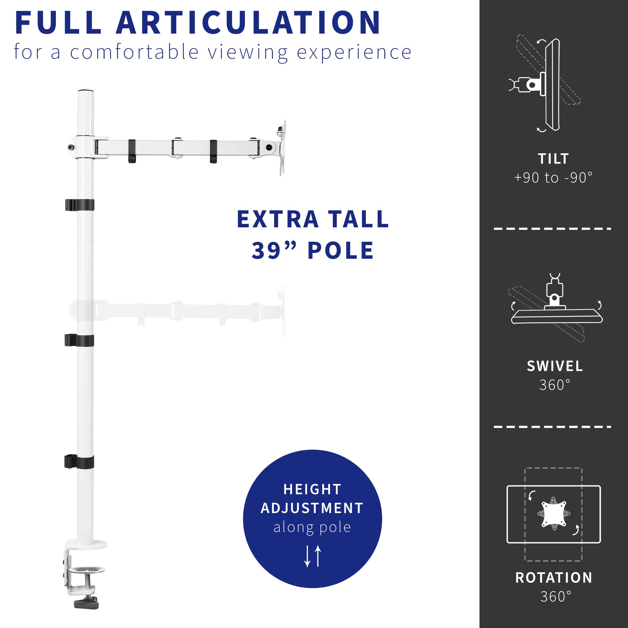 VIVO Extra Tall Single Monitor Desk Mount Stand 39 inch Pole, Features Full Adjustability   Tilt and Articulation, Holds 13 to 32 inch Screens up to 22 lbs with VESA Mounting, White, STAND V011W