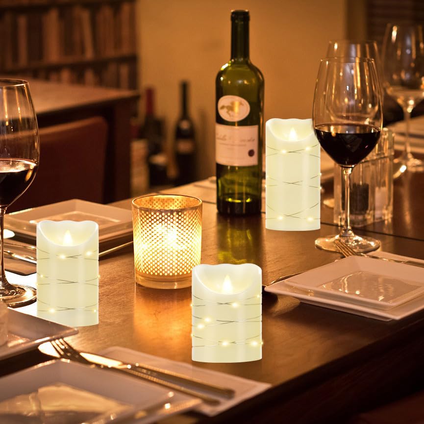 Flameless Battery Operated Led Candles With 11 Key Remote Control 24 Hour Timer Set Of 3, With Embedded String Lights Electric F