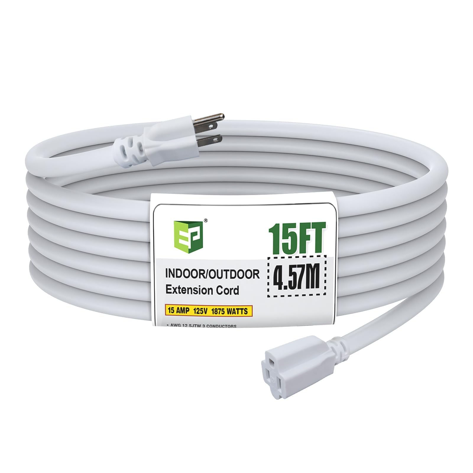 Ep 15 Ft Outdoor Extension Cord, 12/3 Sjtw Heavy Duty Extension Cable With 3 Prong Grounded Plug, 15 Amp Power Cord For Lawn, Ga