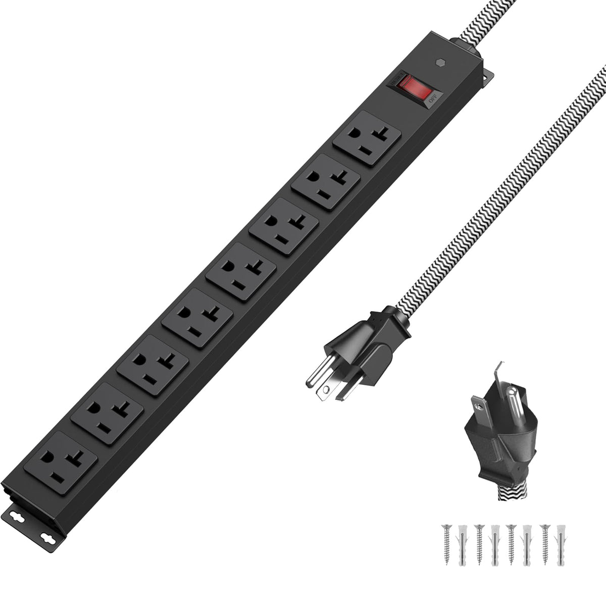 20 Amp Power Strip Heavy Duty, 12 Gauge Extension Cord For Appliance Workbench Garage Industrial, Metal 8 Outlets Combine With T