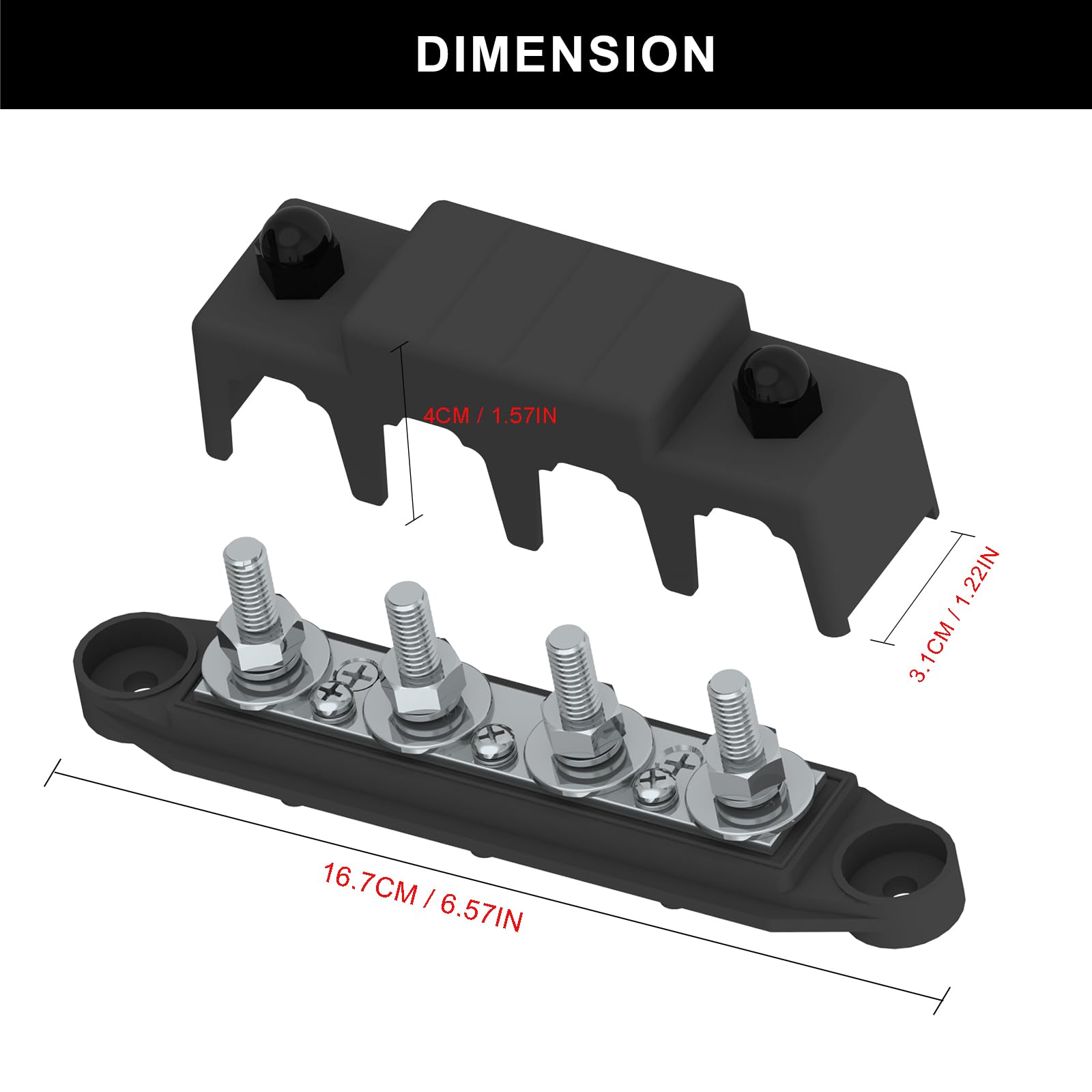 Bus Bar 250A 12V Power Distribution Block With 5/16'' (M8) 4 Posts Terminals Block With Cover For Automotive, Marine, Battery Sy