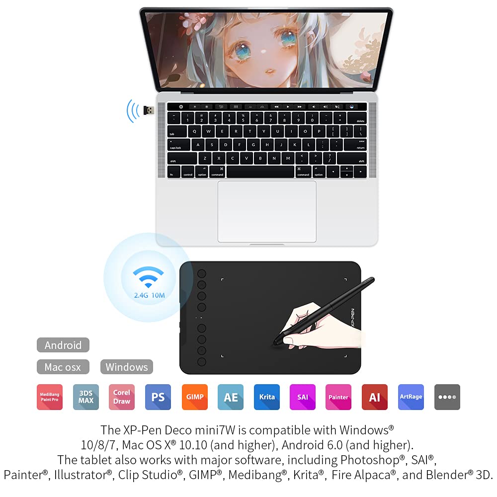 Wireless Drawing Tablet Xppen Deco Mini7W Graphic Tablet Pen Tablet With 8192 Levels Pressure, 7 X 4 Inch Artist Tablet For Onli