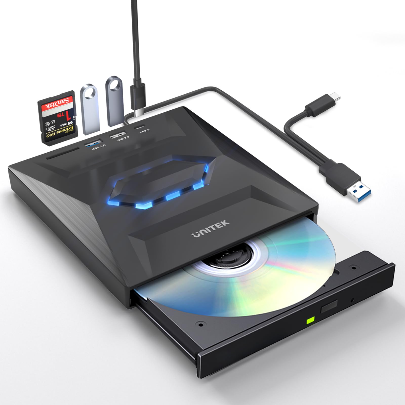 Unitek External Cd Dvd Drive, Usb C Portable Cd/Dvd +/ Rw Drive/Dvd Player With Sd Card Reader Usb 3.0 Usb C Hub Cd Rom Burner C