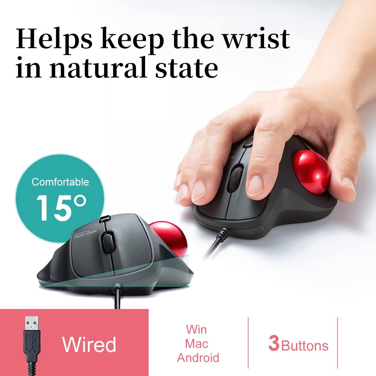 Sanwa Wired Ergonomic Trackball Mouse, Optical Vertical Rollerball Mice, Silent Buttons, 34Mm Trackball, 600/800/1200/1600 Adjustable Dpi, Compatible With Macbook, Laptop, Computer, Windows, Macos