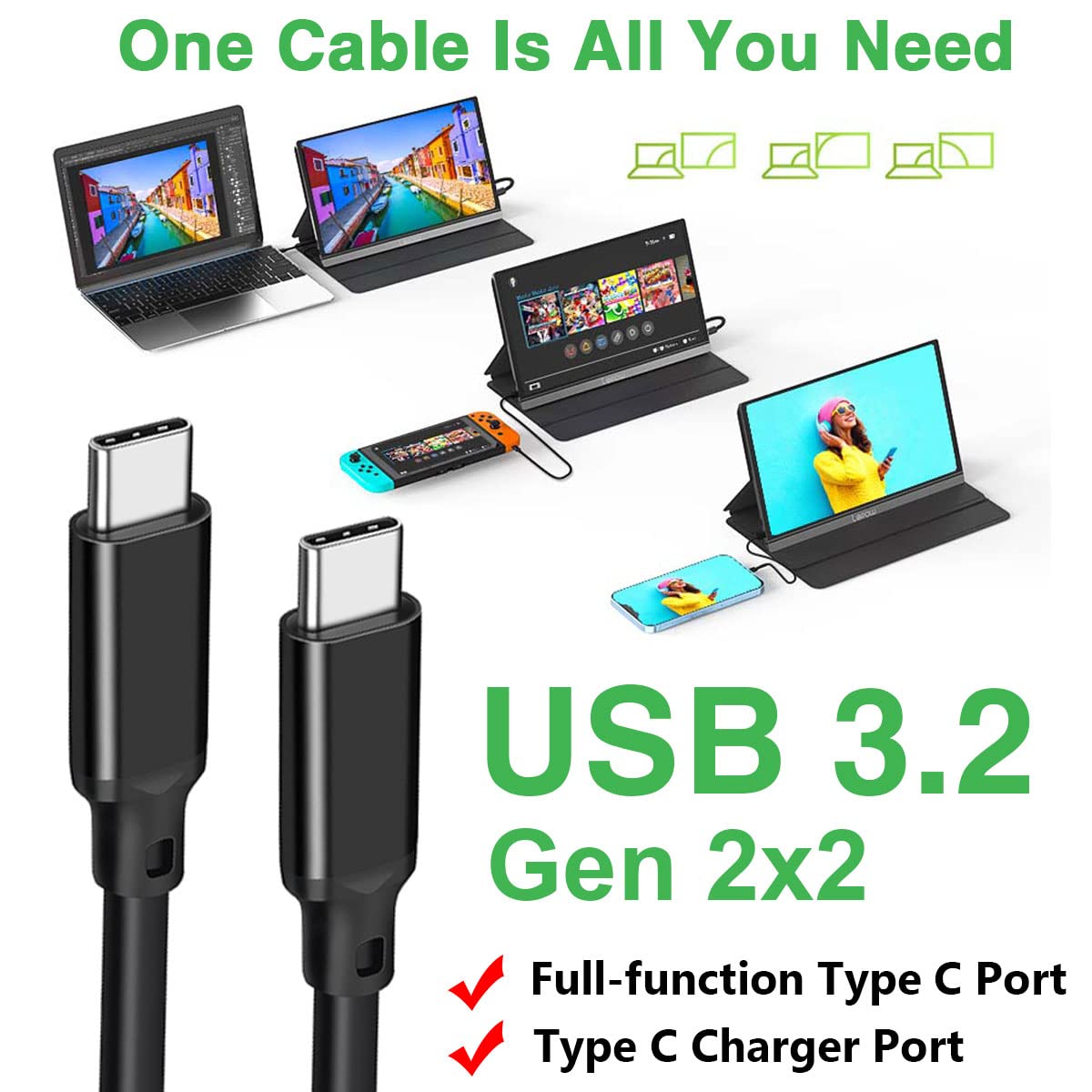 100W Usb 3.2 Gen 2X2 Display Monitor Link Data Transfer Video Cable For Lepow Z1 15.6 In, Innoview, Asus Zenscreen, Kyy, Cocopar
