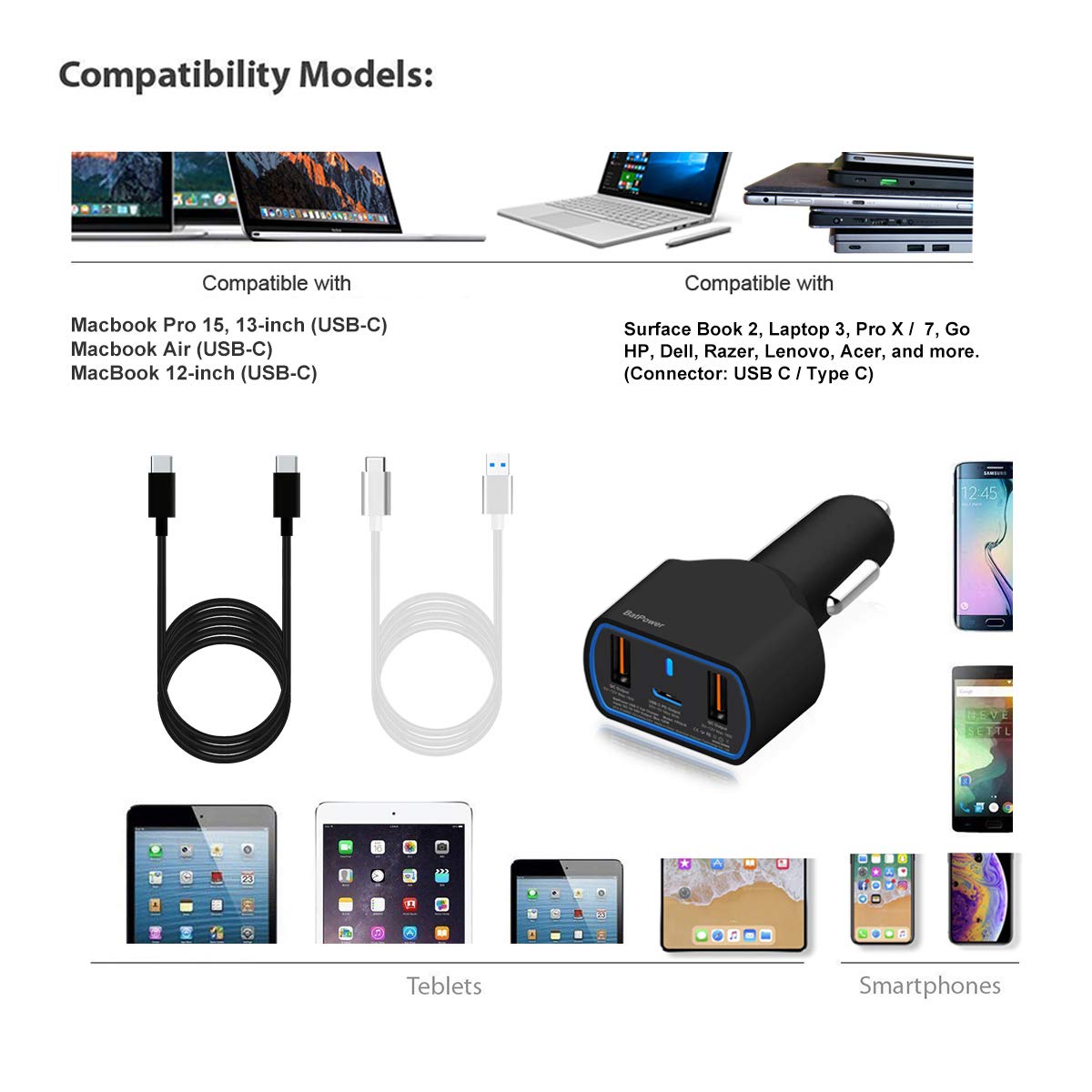 Batpower High Power Delivery 120W Pd Laptop Car Charger Compatible With New Surface Book 3 2 Laptop 4 3 Pro 8 X 7 Usb-C Hp Razer