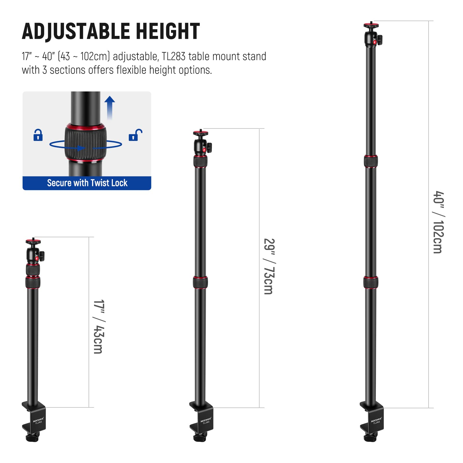 NEEWER Extendable Camera Desk Mount with Ball Head, 17-40 Adjustable ...