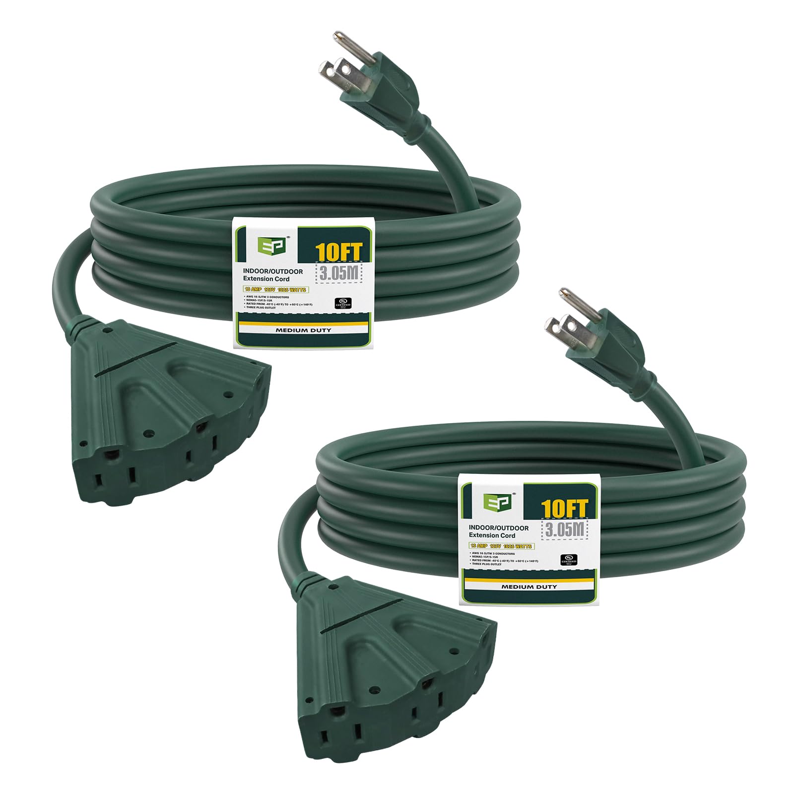 Ep 2 Pack 10 Ft Outdoor Extension Cord With 3 Electrical Power Outlets   16/3 Sjtw Green Cable With 3 Prong Grounded Plug For Sa