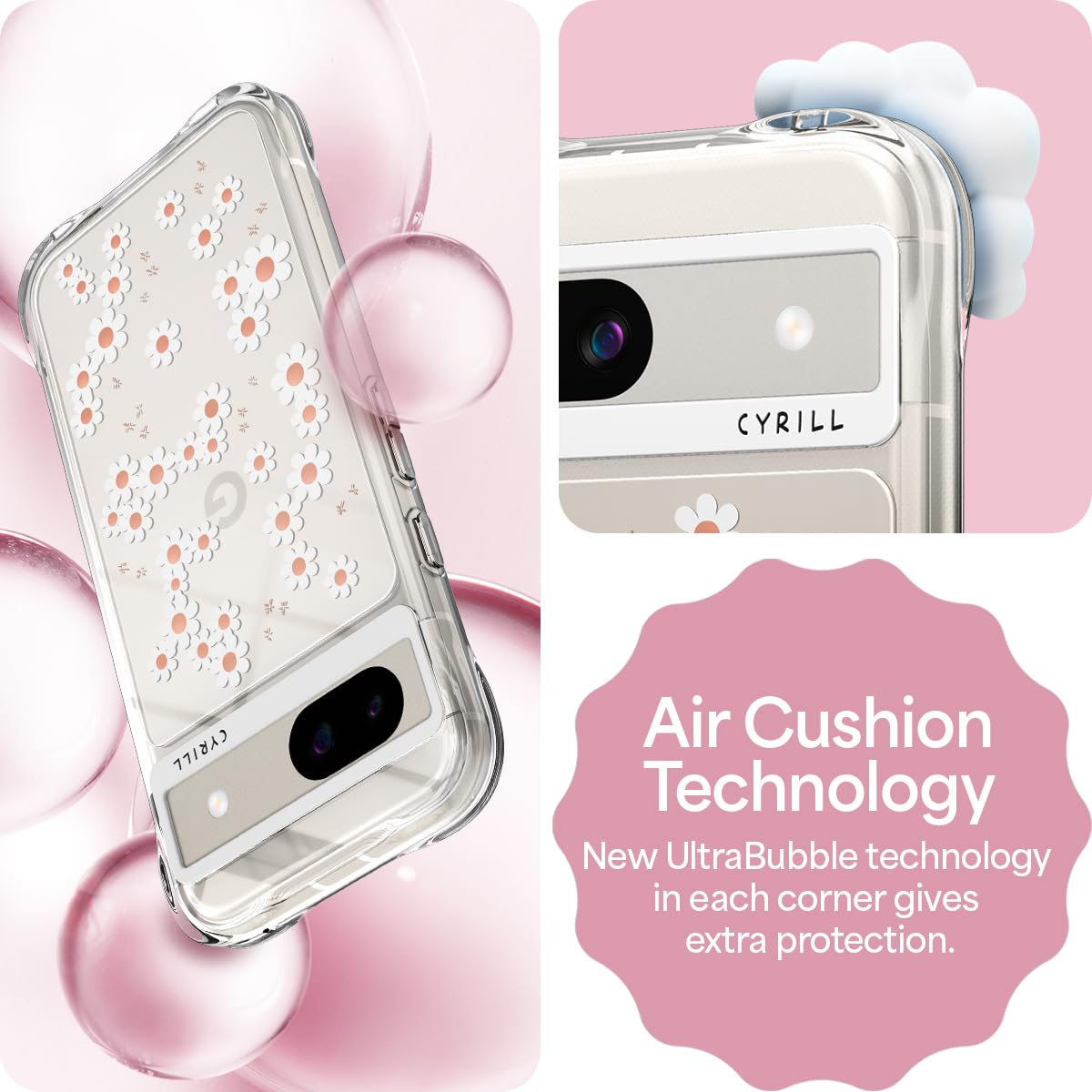 Cyrill Cecile Compatible With Google Pixel 8A Case Clear, Flower Floral Design Cute, [Shock Absorbent] Corner Bumpers Protective