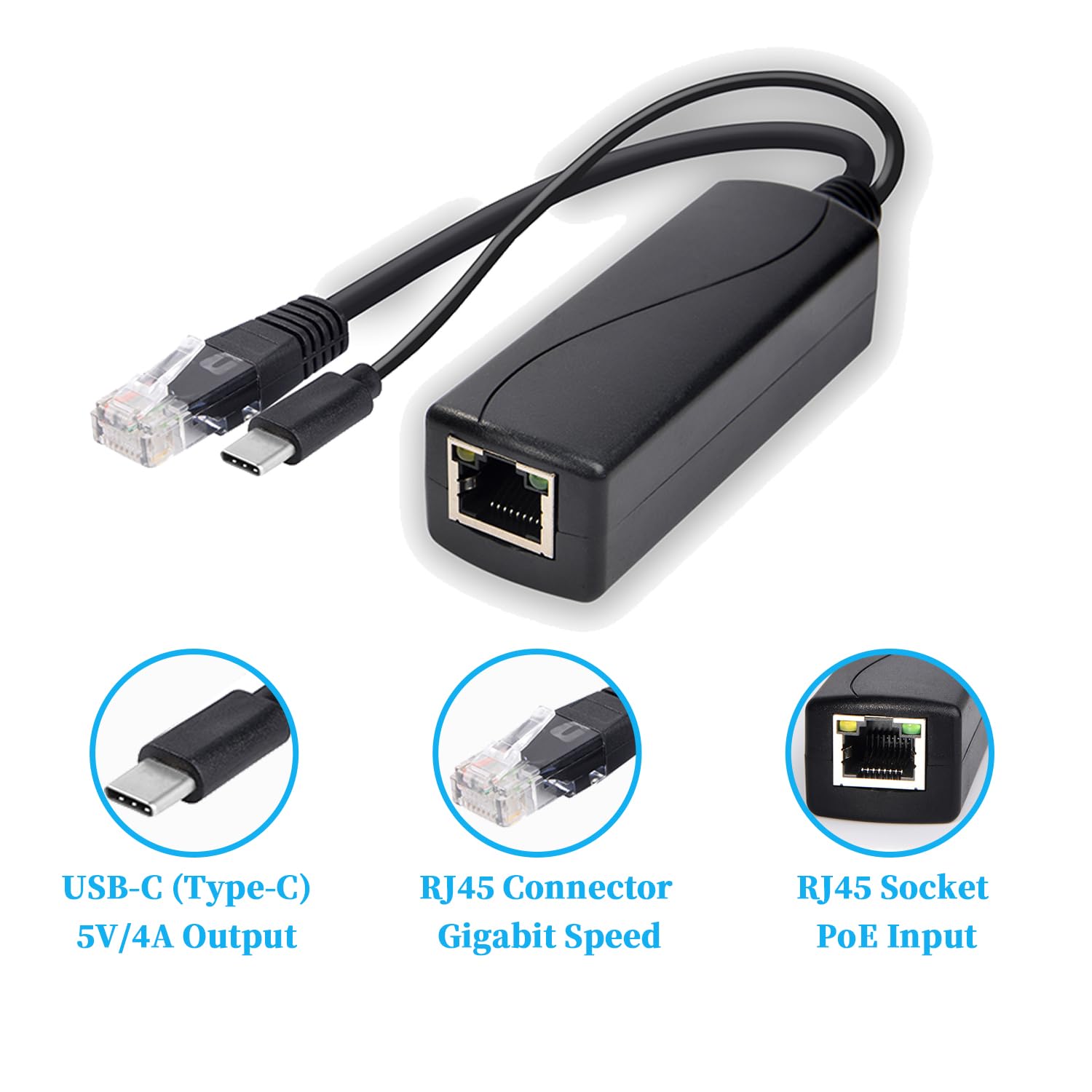 Revodata Gigabit Type C Poe Splitter 5V/4A, Poe 48V To Usb C 5V/4A Output, Comply Ieee802.3Af/At, Adaptive 10/100/1000Mbps, Poe
