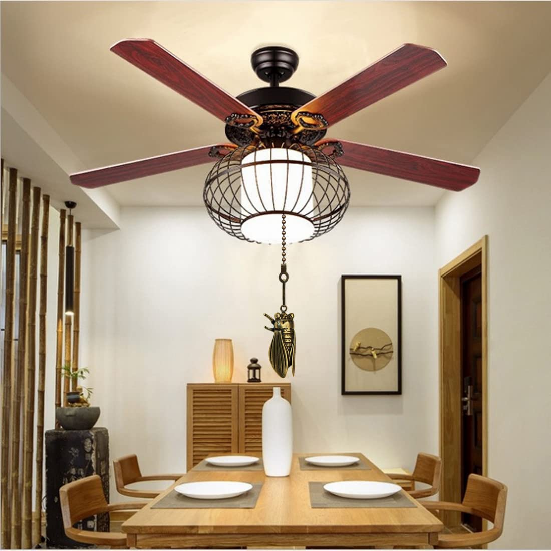 Ceiling Fan Pull Chain Set, 12 Inches Vintage Solid Cicadas Charm Pendant Pull Chain Extender With Connector, 4Pcs