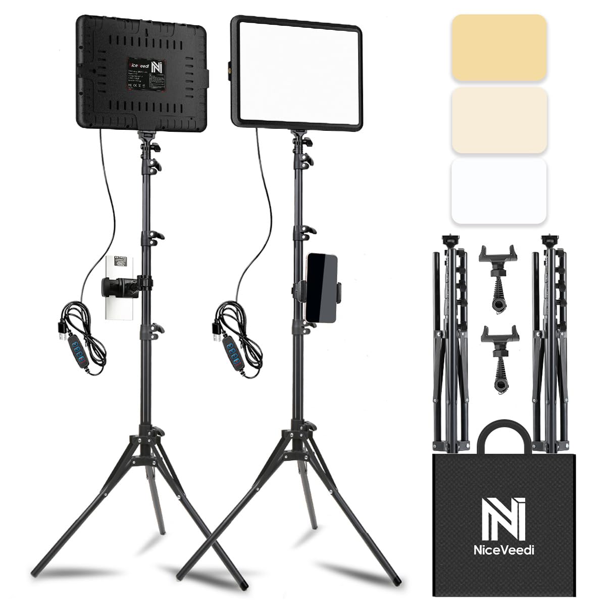 2 Pack Led Video Light Kit, Niceveedi Studio Light, 2800 6500K Dimmable Photography Lighting Kit With Tripod Stand&Phone Holder,