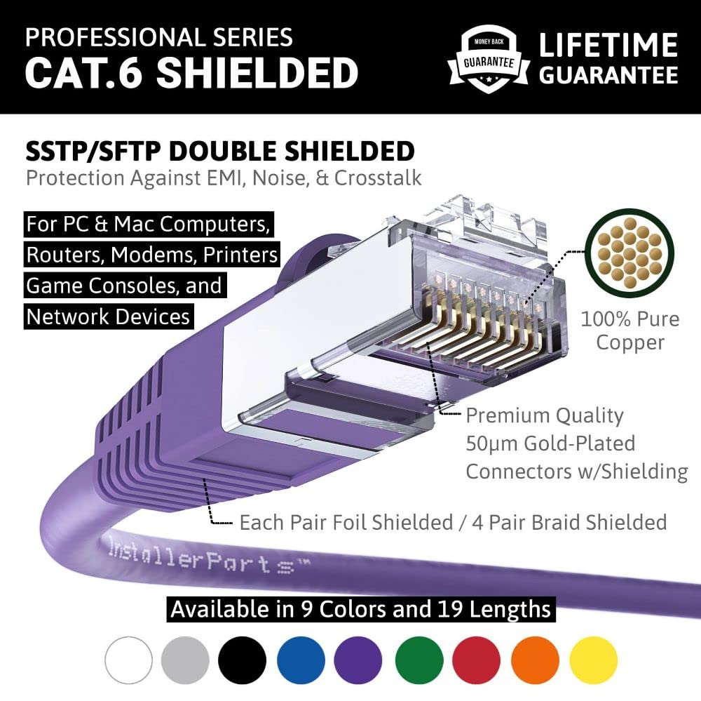 Installerparts (5 Pack Ethernet Cable Cat6 Cable Shielded (Sstp/Sftp) Booted 4 Ft   Purple   Professional Series   10Gigabit/Sec