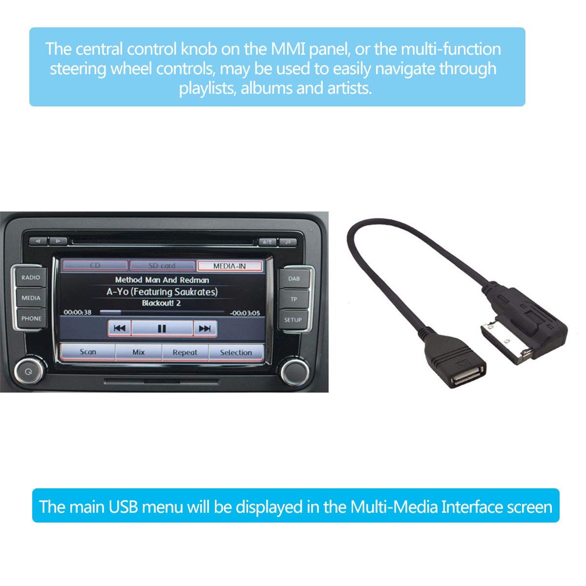 Elonn Music Interface Audio Usb Adapter Cable,Mmi/Mdi/Ami To Usb Cord Compatible With Audi, Volkswagen, Mercedes-Benz - Not For