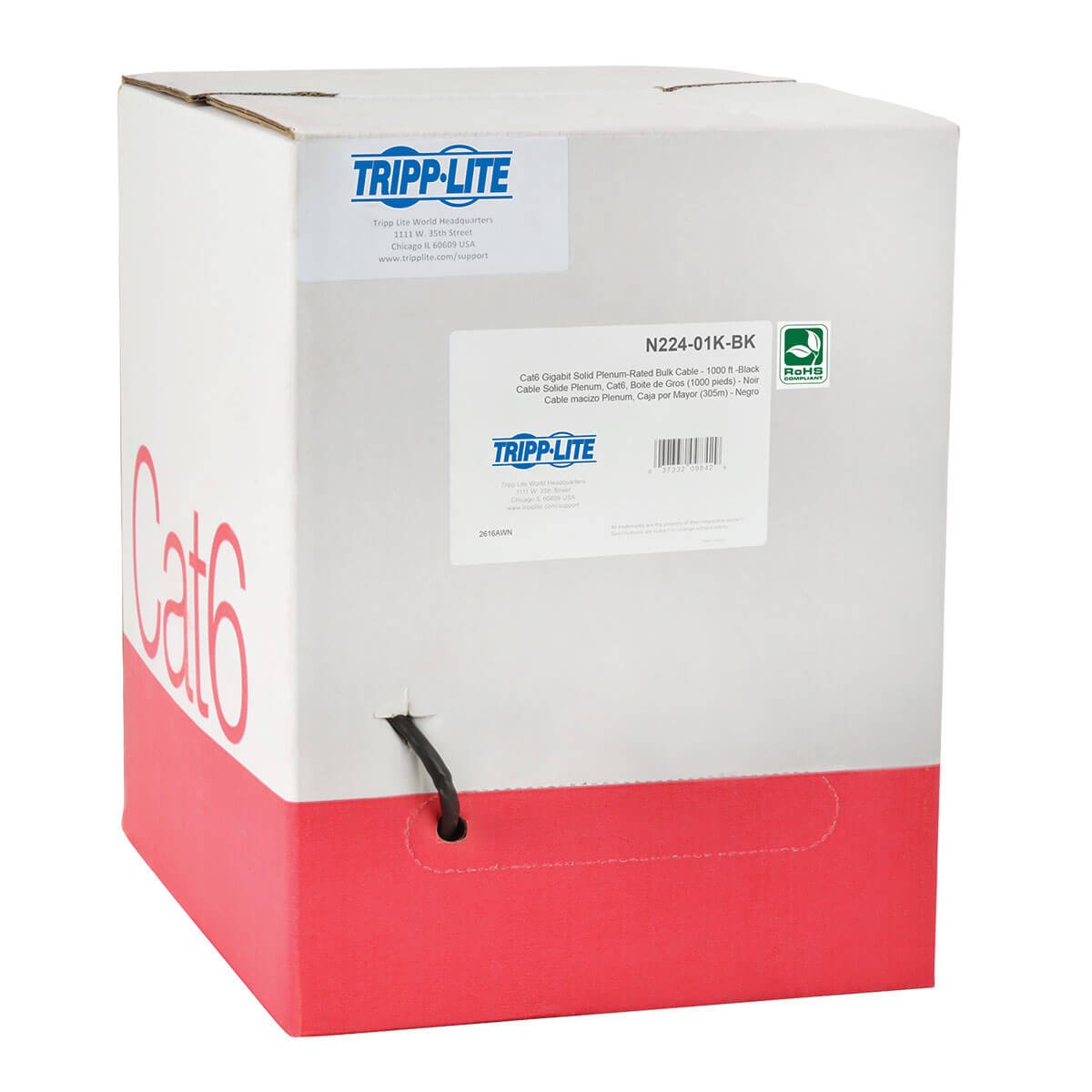 Tripp Lite Cat6 Bulk Solid Core Cable, Plenum Rated Pvc (Cmp), Gigabit, Black, 1000 (N224 01K Bk)