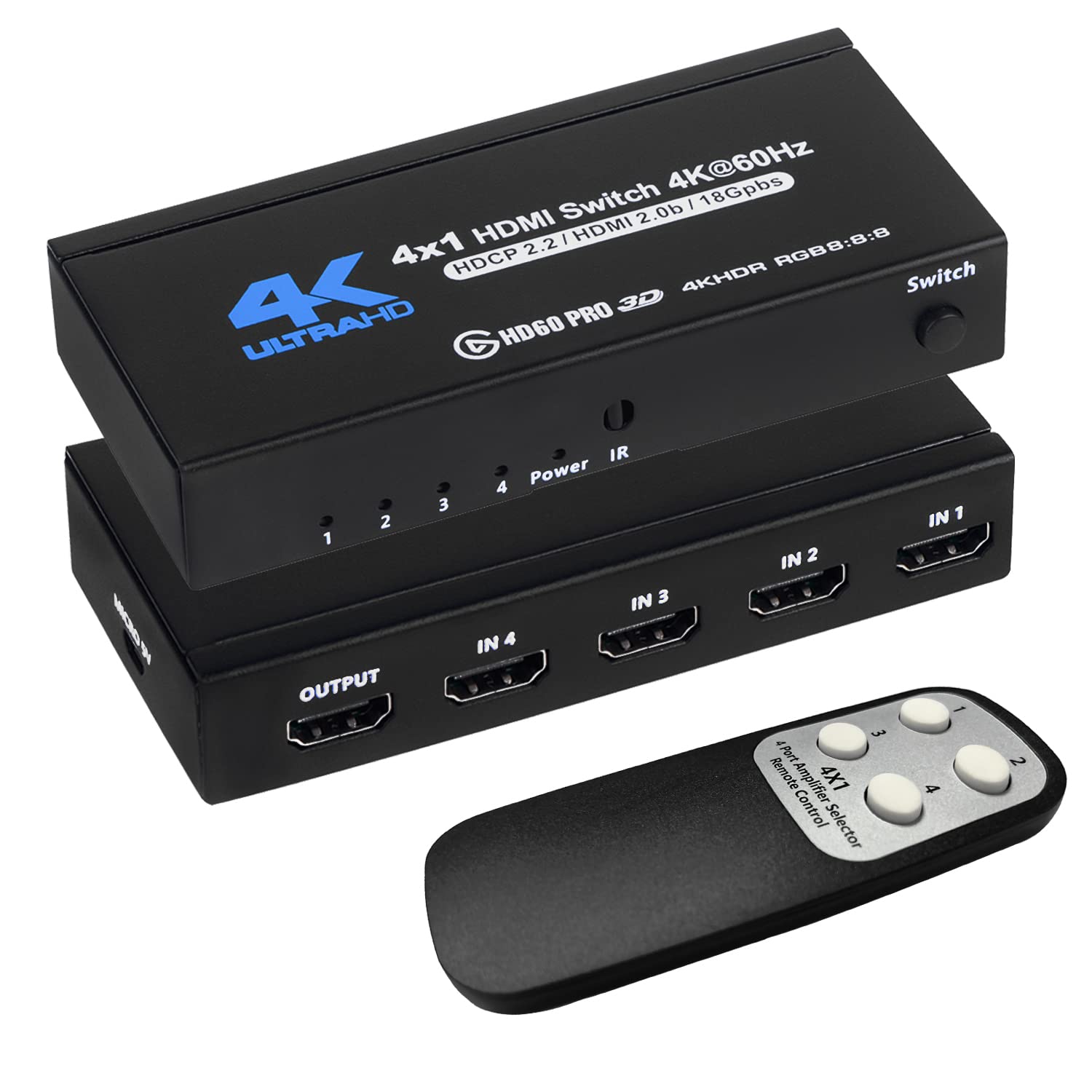 4K Hdmi Switch 4X1, 4K@60Hz 4 In 1 Out Hdmi Switcher Selector With Ir Remote Control, Supports Hdcp 2.2 4K@60Hz Ultrahd Hdr10 3D