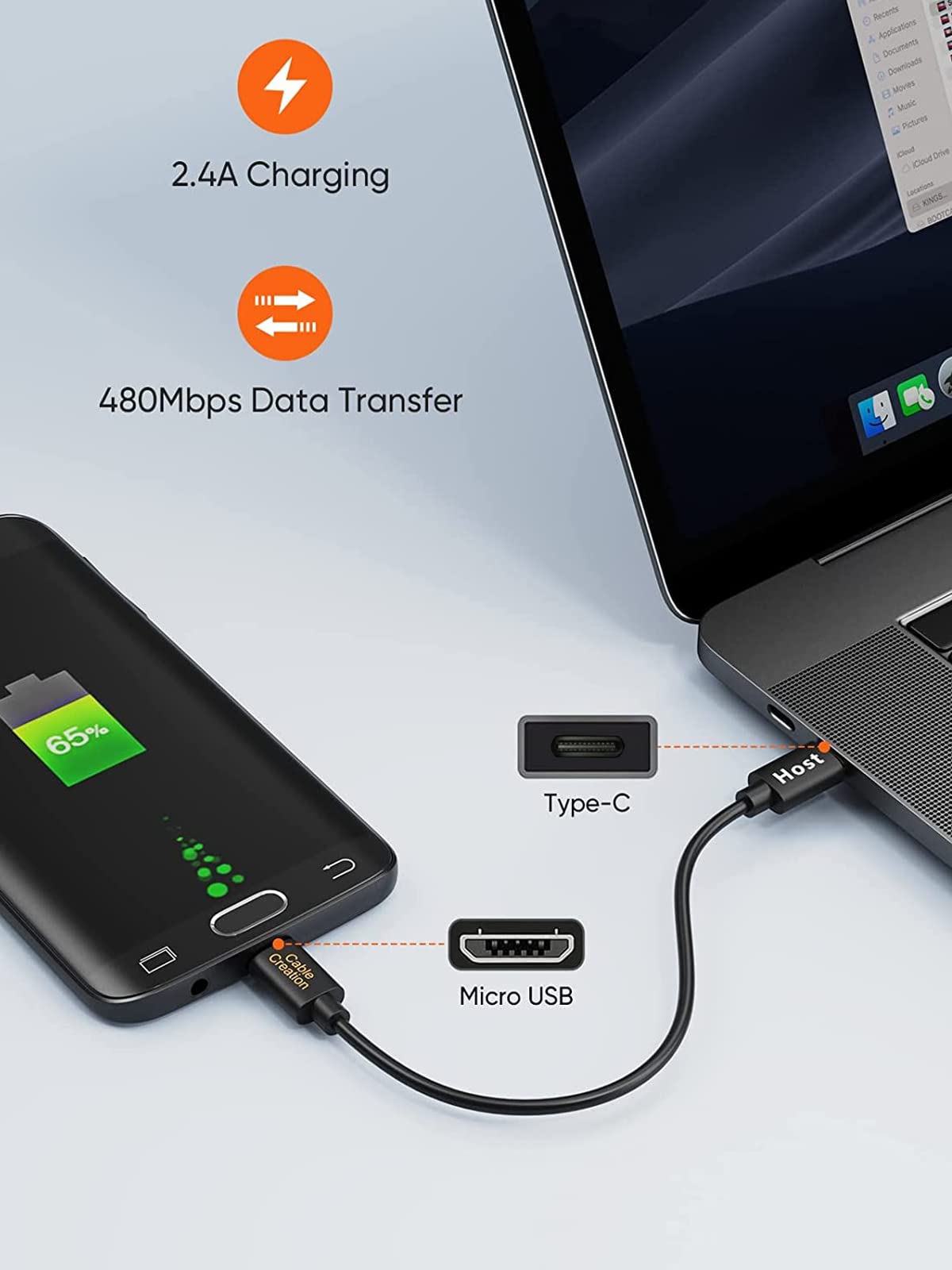 Cablecreation Short Micro Usb To Usb C Cable 0.65 Ft Usb C To Micro Usb Otg 480Mbps Type C To Micro Usb Cable, Usb C To Usb Micr