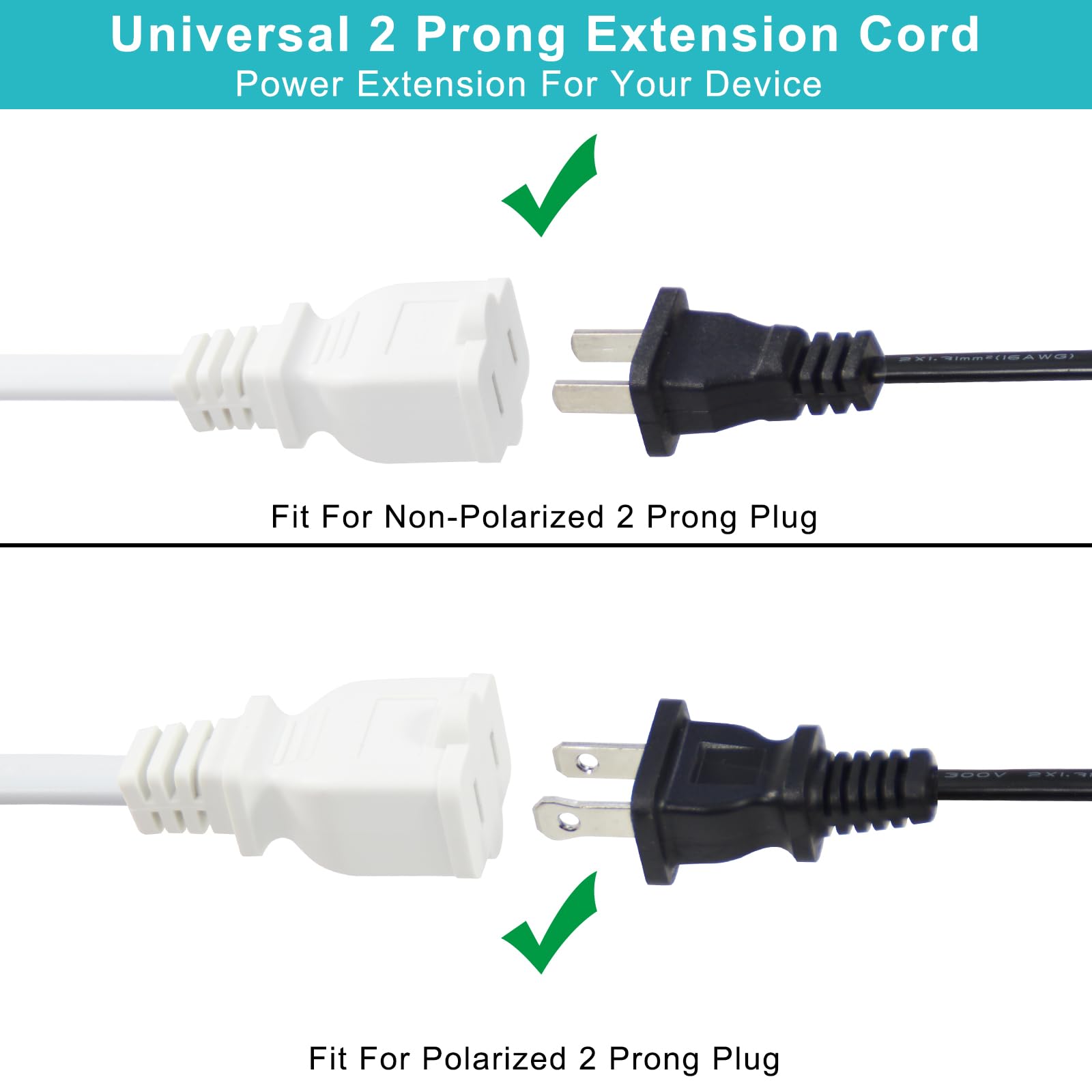 2 Prong Extension Cord 1.5Ft,White 13A/125V 16Awg Polarized Two Prong Ac Extension Cable,Flat Thin Extension Cord Male Female Si