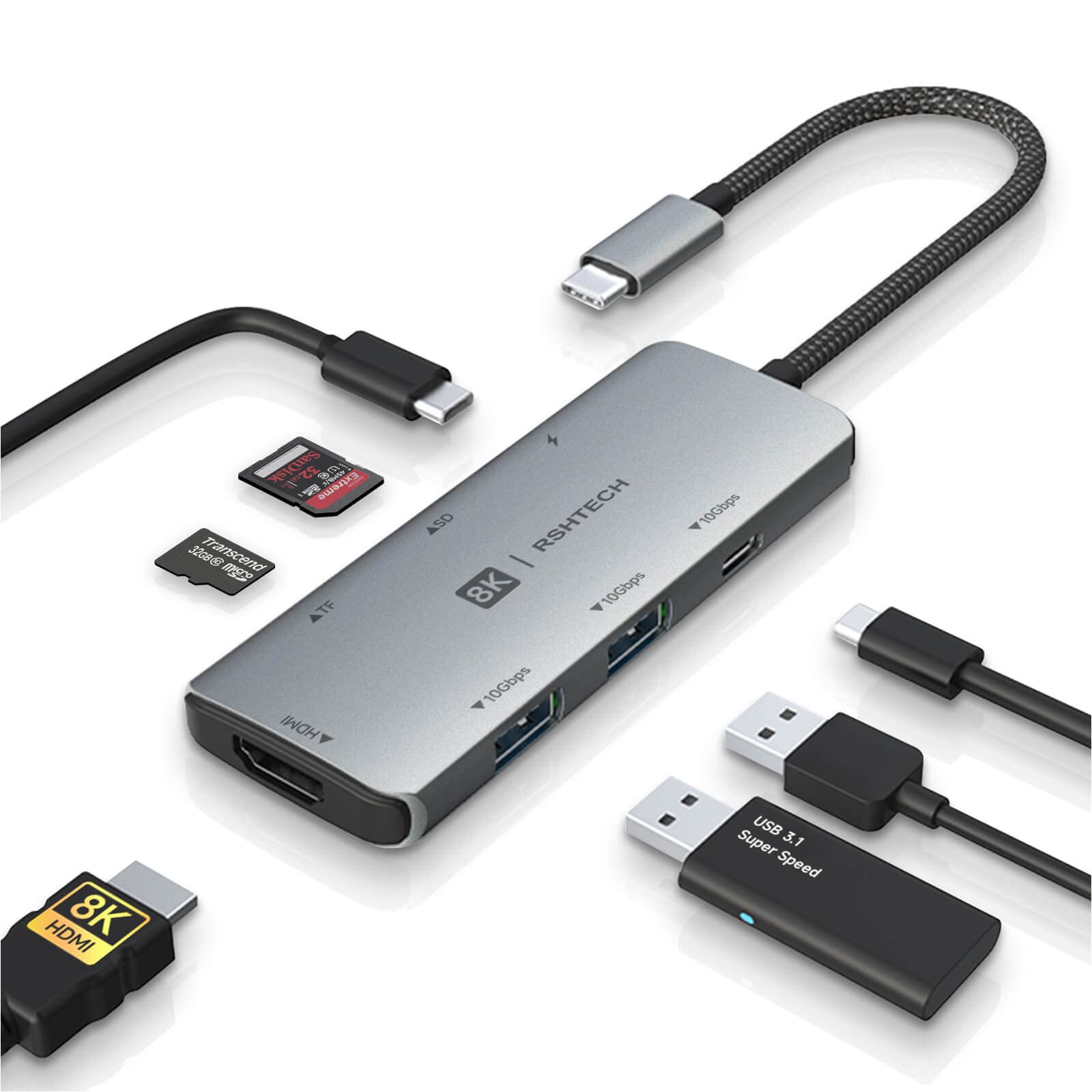 Usb C Hub, Rshtech Usb C Dongle Adapter With 8K Hdmi, 10Gbps Usb C And 2 Usb A Data Ports, 100W Power Delivery, Sd/Tf Card Reade