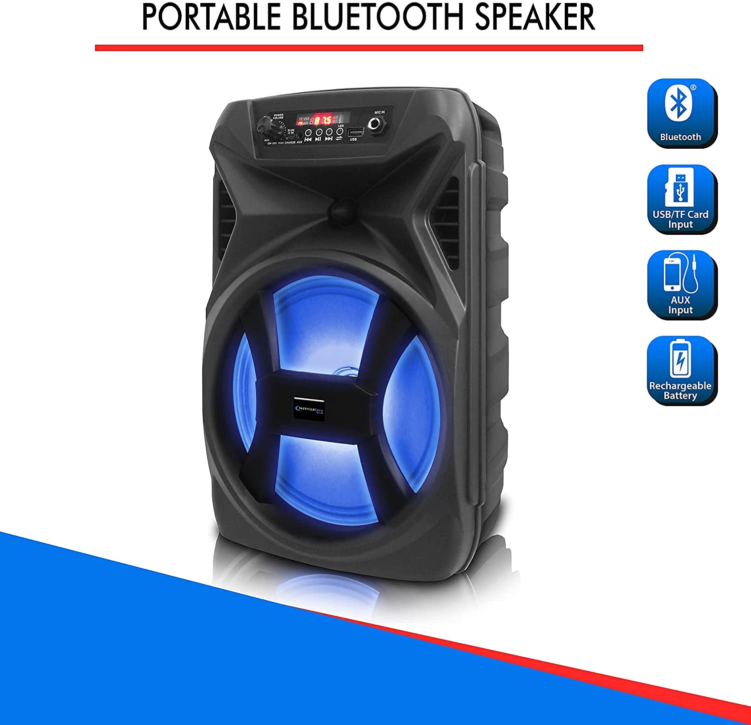 Technical Pro 500 Watts Portable 8 Inch Bluetooth Speaker W/Woofer & Tweeter, True Wireless Stereo W/Digital Processing Wired Mi