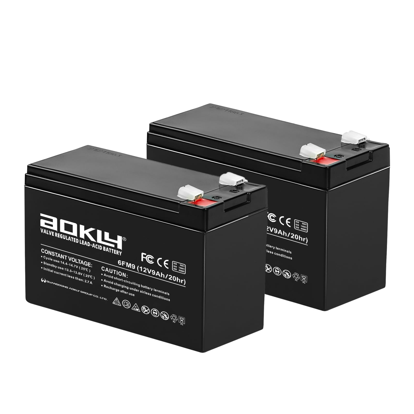 A AOKLY 2Packs 12 Volt 9 AH Rechargeable SLA AGM Battery, F2 Terminals Lead Acid 12 Volt Batteries for Small UPS, Fish Finder, A