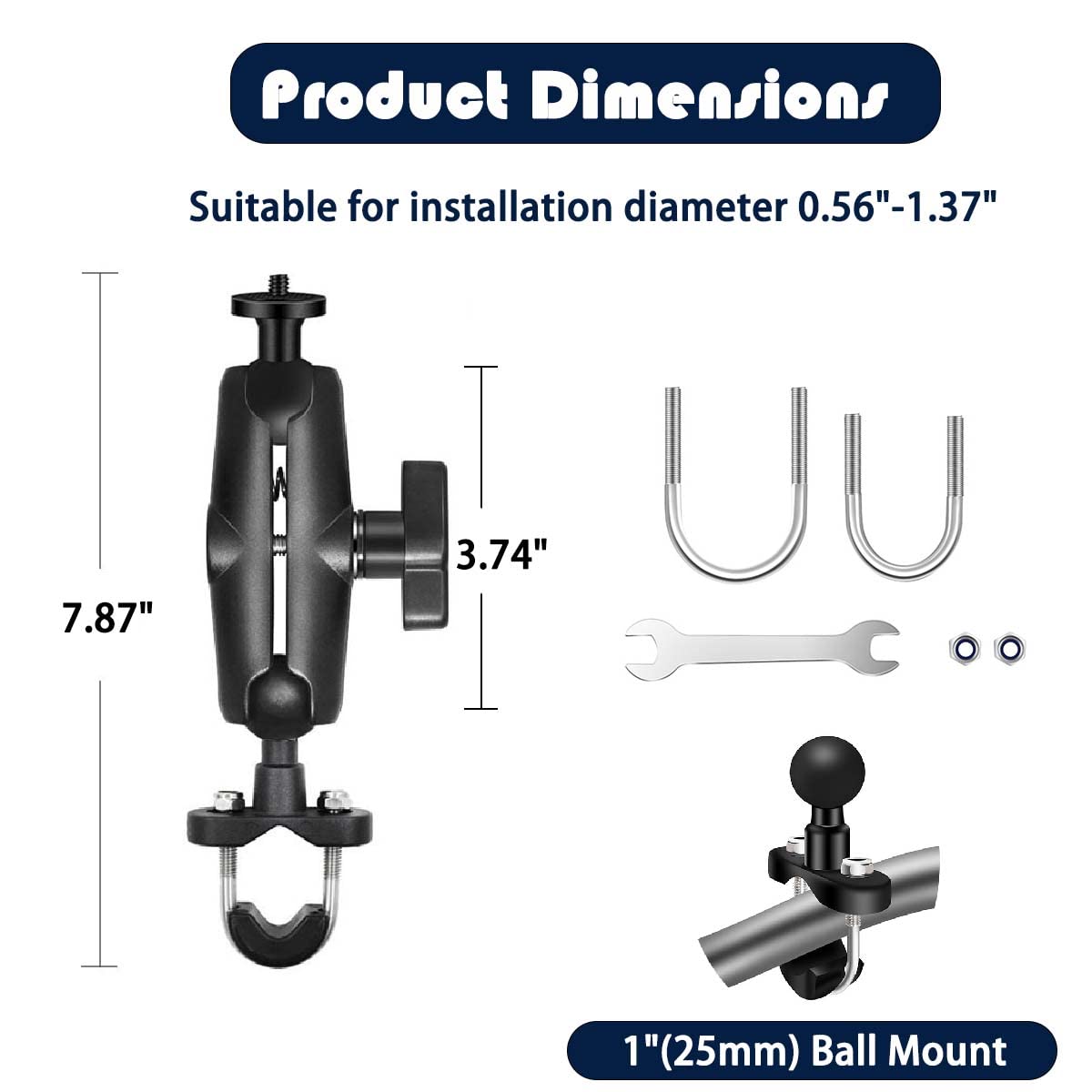Usmallbee Motorcycle Camera Mount For Gopro, Handlebars Mount 1''/25Mm Ball Mount Compatible With Ram Mounts B Size, For Gopro H