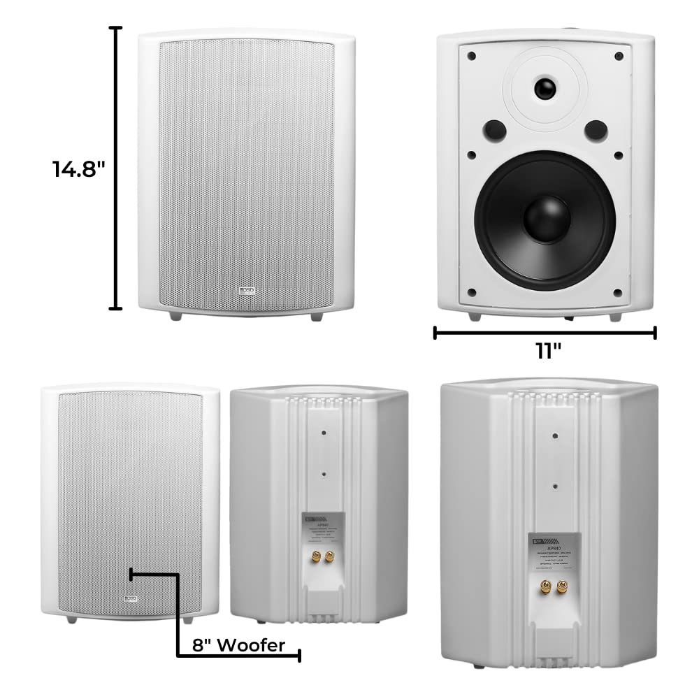 OSD 8' Outdoor Patio Speaker Pair 180W, Weatherproof IP54 Rated Aluminum Grilles, White AP840