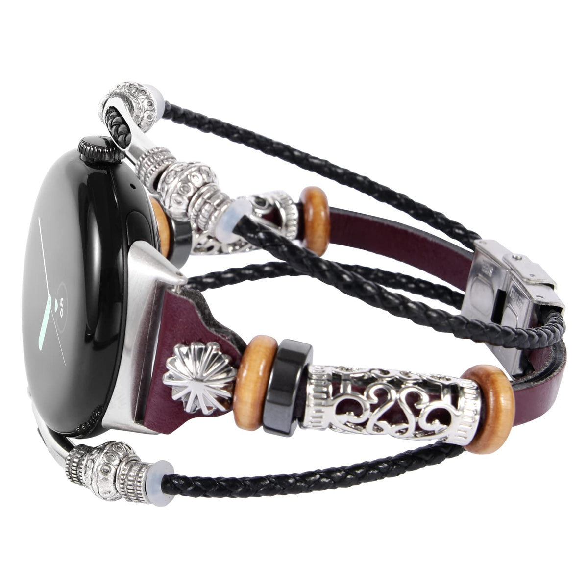 Konafei Compatible With Google Pixel Watch Band, Slim Handmade Leather Bracelets Boho Bead Metal Jewelry Retro Strap Wristband A