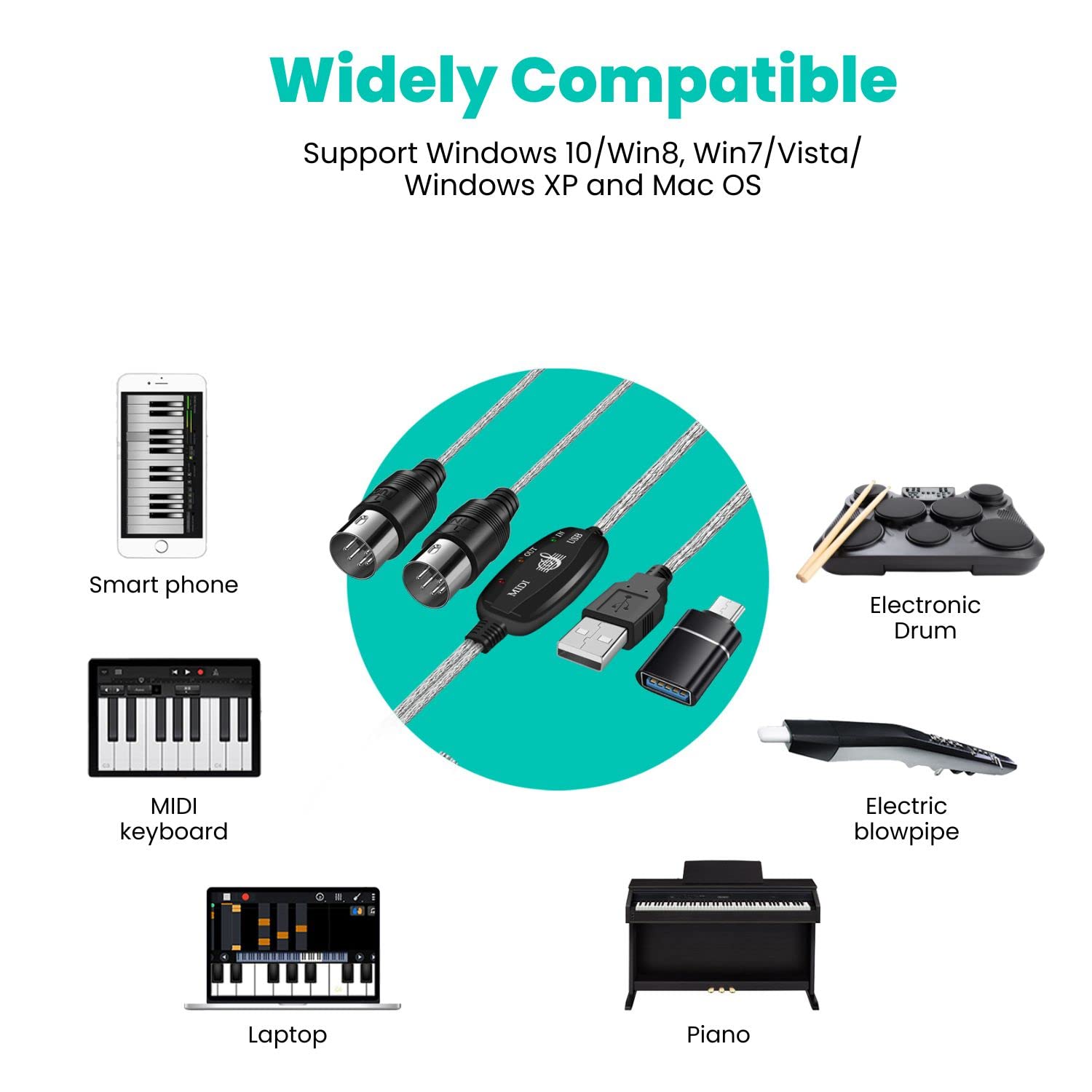 Tnp Midi Cable Set To Usb With Type C Adapter 2 In 1 Midi Piano Usb Cord From Pc To Keyboard, Synthesizer, Electronic Drum, Elec