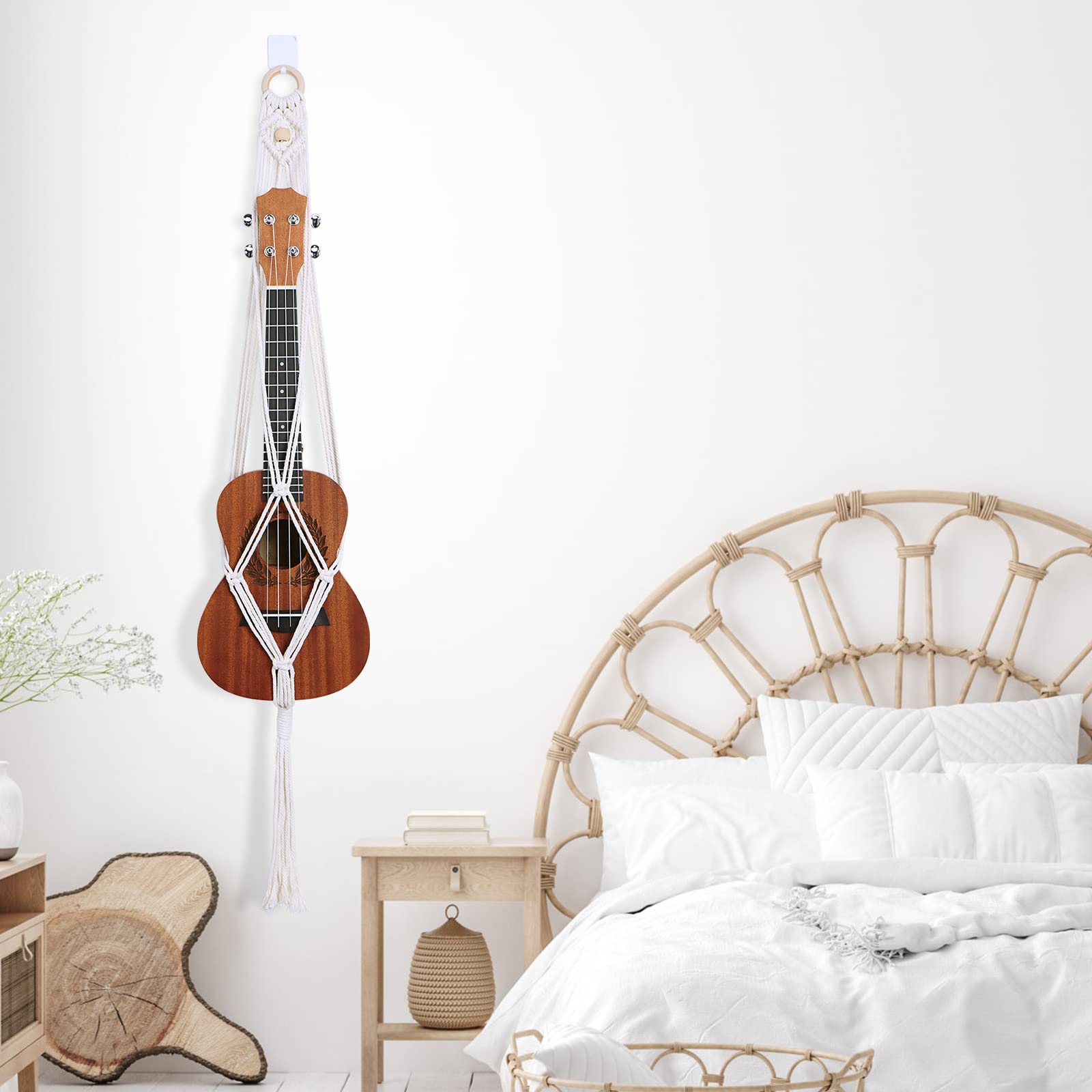 Majowir Macrame Ukulele Hanger Wall Mount   Handwoven Ukulele Wall Mount Holder For Soprano Ukulele, Boho Wall Decor, Natural Co