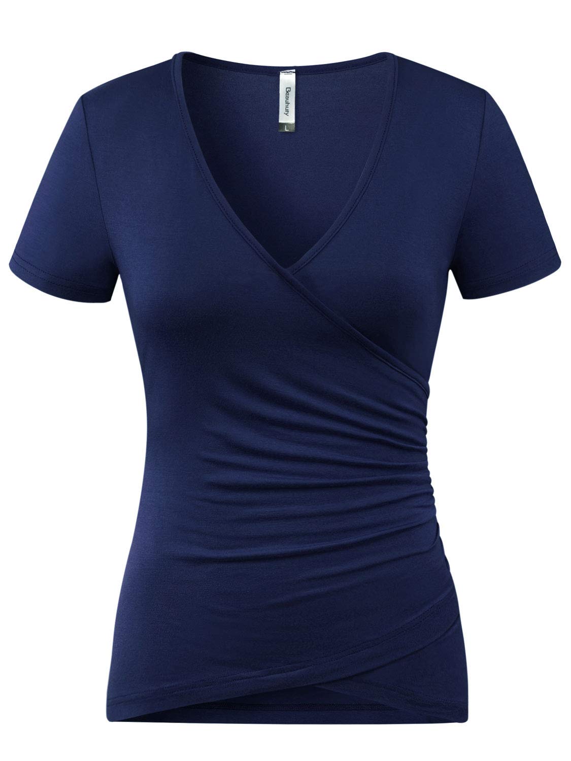 Beauhuty Womens Fitted Shirts Deep V Neck Ruched Tops Front Surplice Wrap T Shirt Short Sleeve Tees (S, Short Blue)