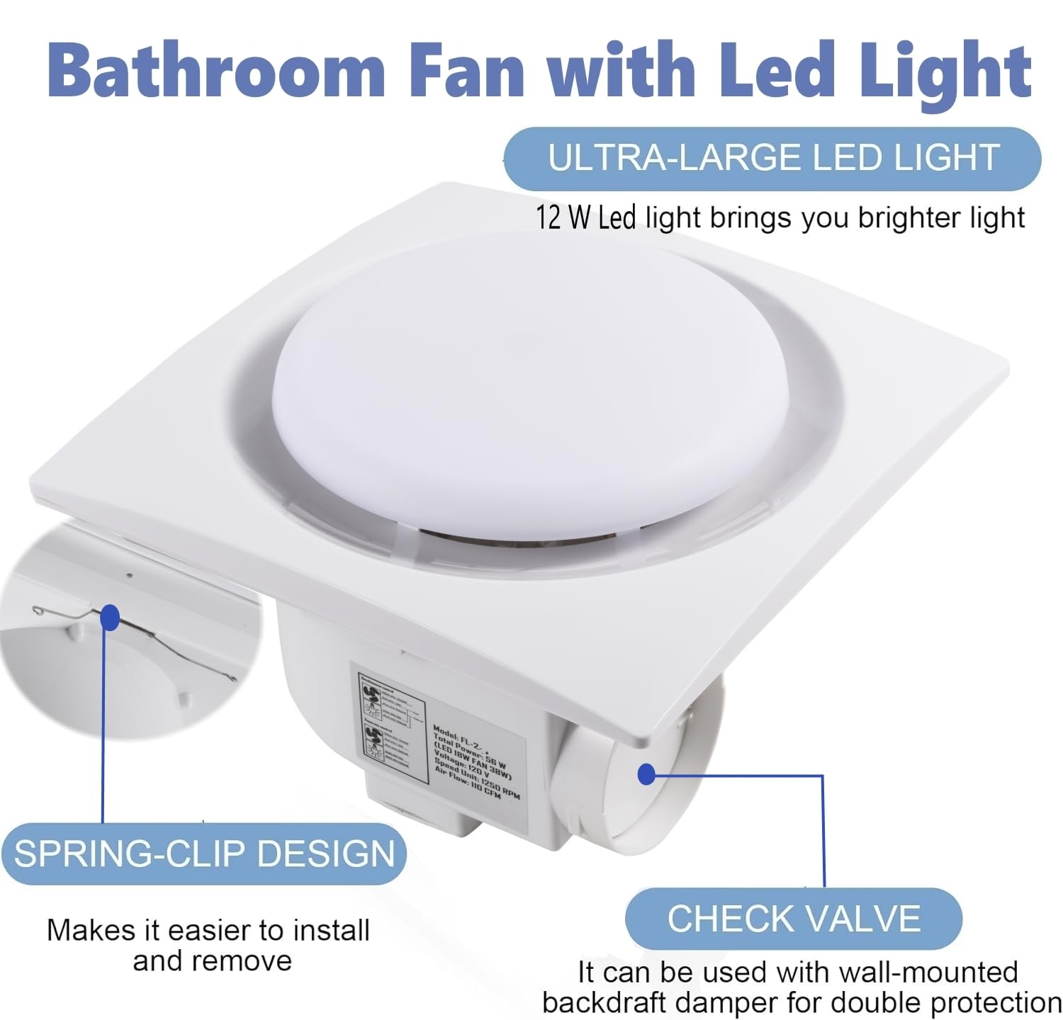 Nalle Ventilation Fans Bathroom Exhaust Fan With Light 9.6 Inch Panel 6000K 12W Round Led 90 Cfm 1.0 Sones 4 Inch Duct,110V Ceil