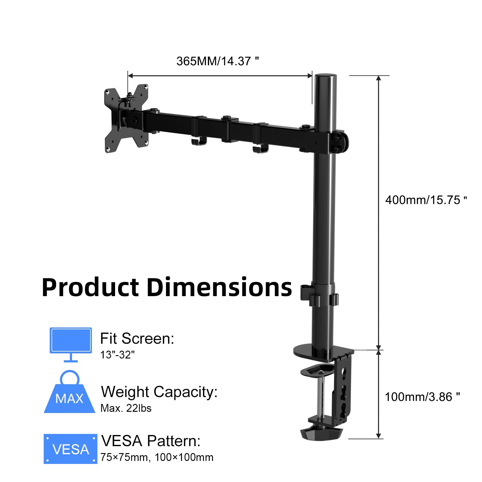 Pholiten Single Monitor Arm,Single Monitor Desk Mount,Adjustable Monitor Arm,Single Mount Holds Screen Up To 22Lbs,Monitor Desk