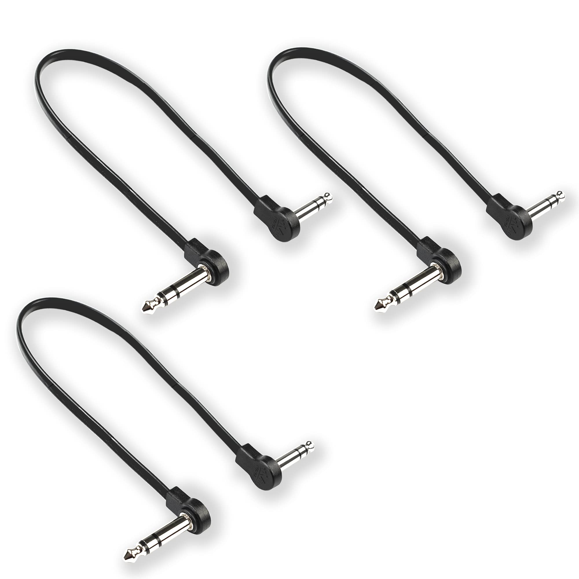 M Maka Flat Low Profile Stereo Guitar Patch Cable 20 Inch For Effects Pedals, 1/4 Inch Trs Right Angle, Black, 3 Pack