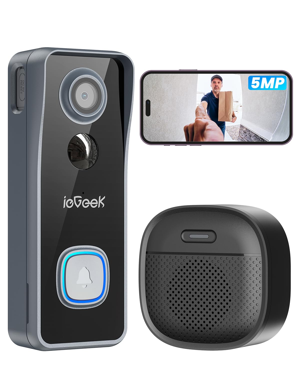 Iegeek 5Mp Doorbell Camera Wireless No Subscription- Video Doorbell Wireless With Chime, Doorbell With Camera, Voice Changer, 2-