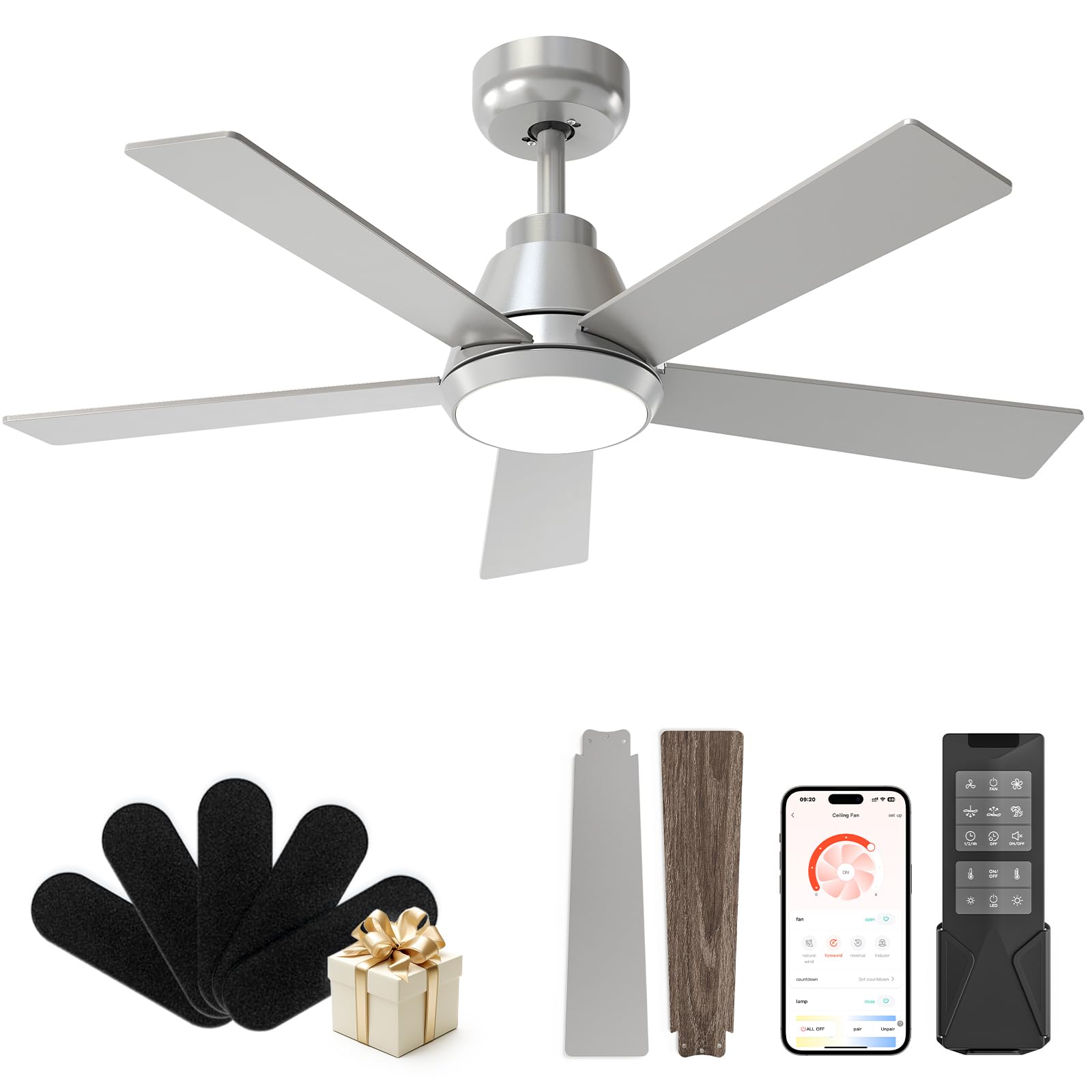 CubiCubi Ceiling Fan, 42 Silver Ceiling Fans with Lights and Remote/APP Control, Quiet, 3000-6500K Dimmable, Modern Ceiling Fan 