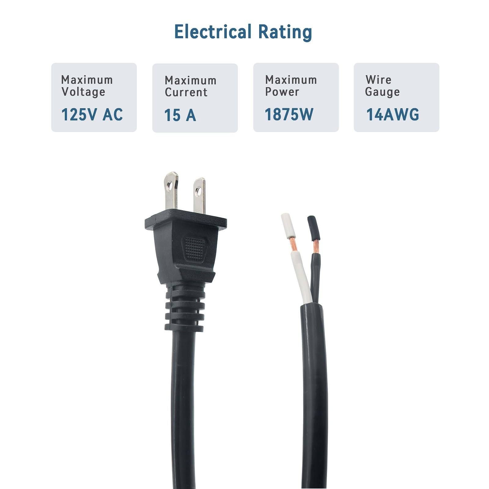 14 Gauge Replacement Power Cord 2 Prong,6.46Ft Cable 110V 115V 120V 300V Pigtail For Appliance, Nema 1 15P 2 Prong Plug Us Sjt 1