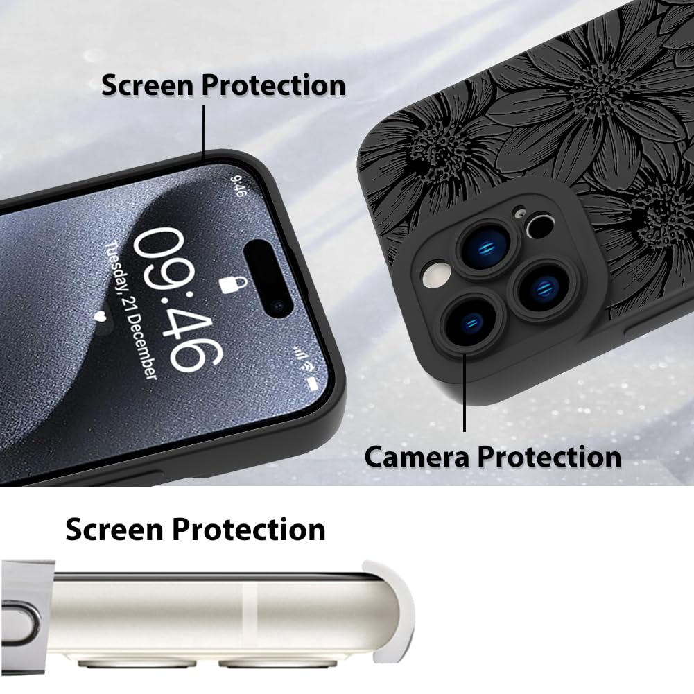 Mzelq For Iphone 15 Pro Max Case, Silicone Black Floral Flowers Sunflowers Cute Pattern, Camera Protection Soft Slim Phone Case