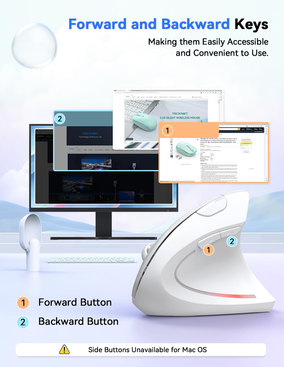 Tecknet Ergonomic Mouse, 4800 Dpi Silent Mouse 5 Adjustable Dpi, Wireless Mouse 2.4G Vertical Mouse 6 Buttons Computer Mouse Wide Compatibility (White)