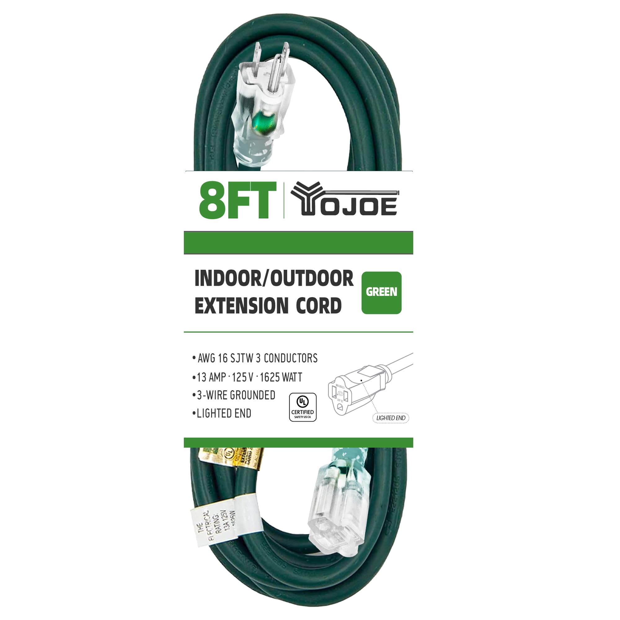 Yojoe Indoor Outdoor Extension Cord With Lighted End, 3 Prong 13A Weatherproof Power Extension Cord, 16 Gauge Heavy Duty 8 Ft Gr