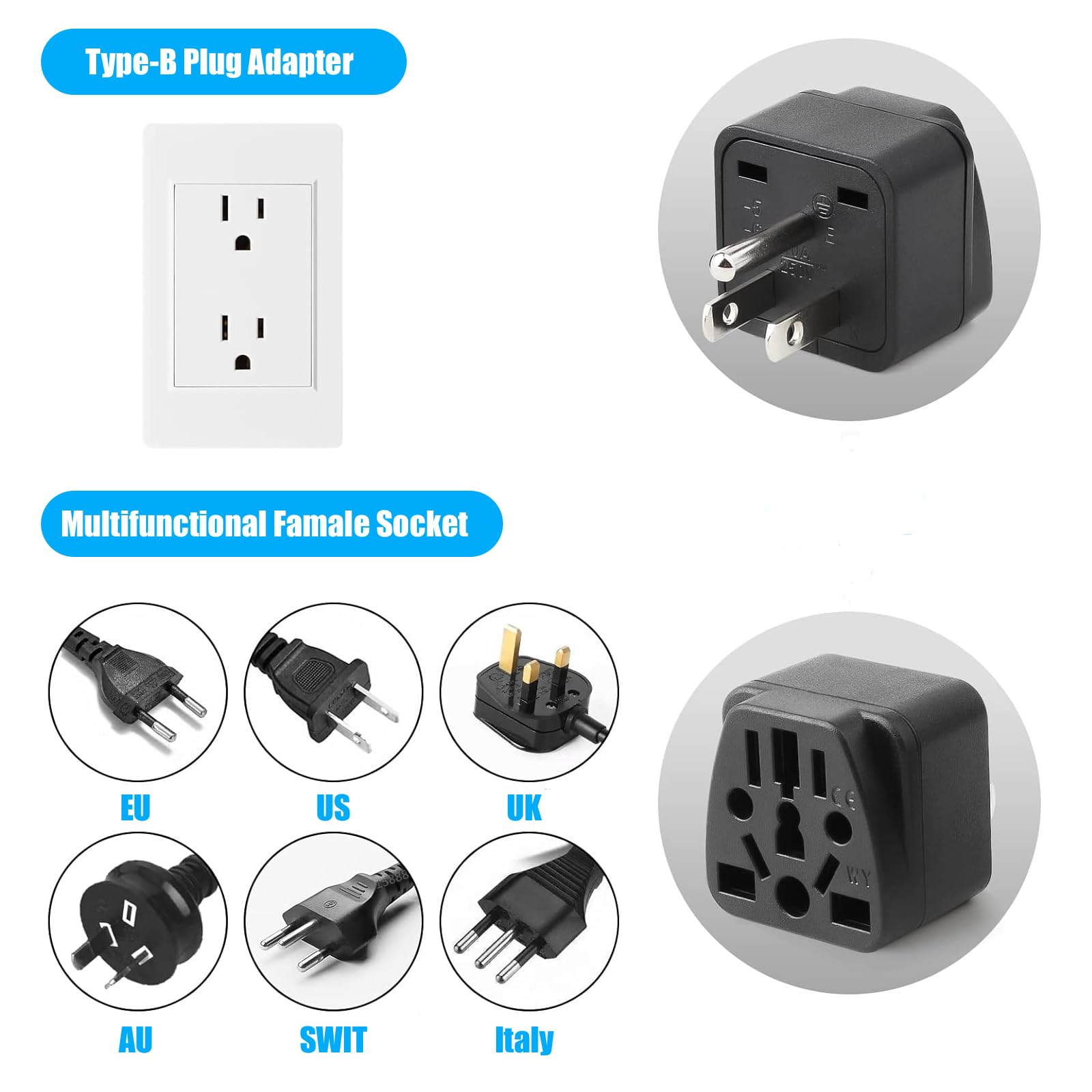 2 Pack Us Travel Plug Adapter, Eu,Au,Uk,Cn,To Usa(Type B),Grounded 3 Prong For Usa Wall Plug,Wall Outlet Power Charger Converter