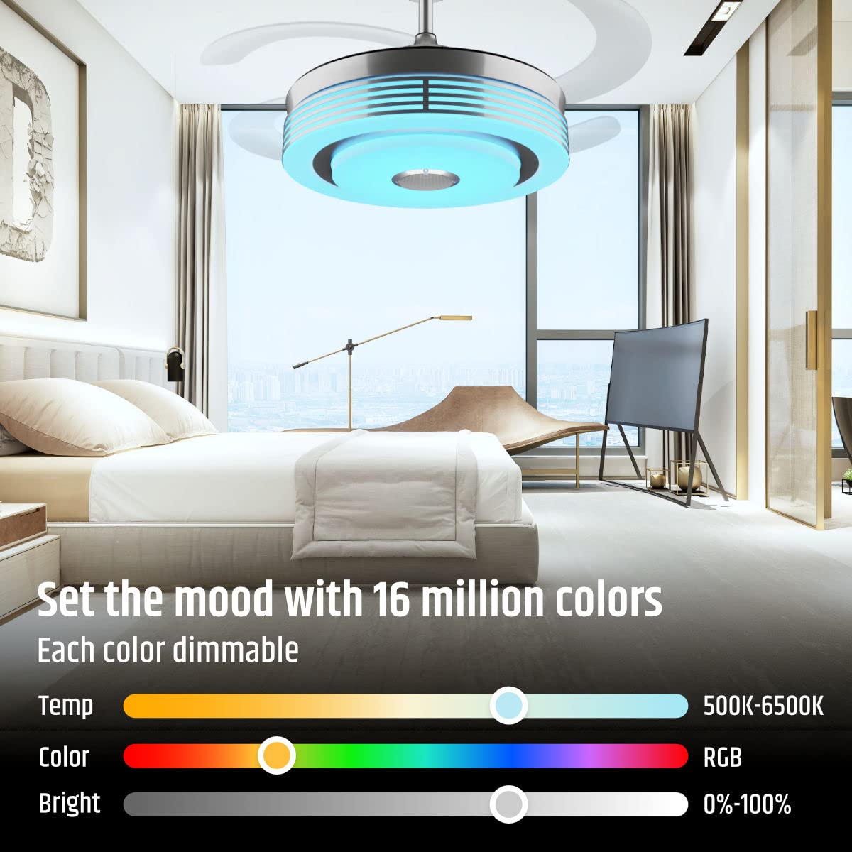 42 Inch Modern Retractable Ceiling Fan With Lights And Smart Remote,Led Fandelier Ceiling Fan With Light 6 Speed Bluetooth Speak