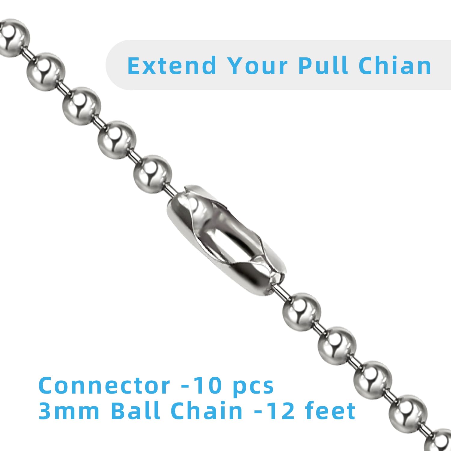 Ceiling Fan Pull Chain Extender, 12Feet 3Mm Diameter Beaded Ball Fan Light Extension Pull Chain With 10 Matching Connectors(Silv