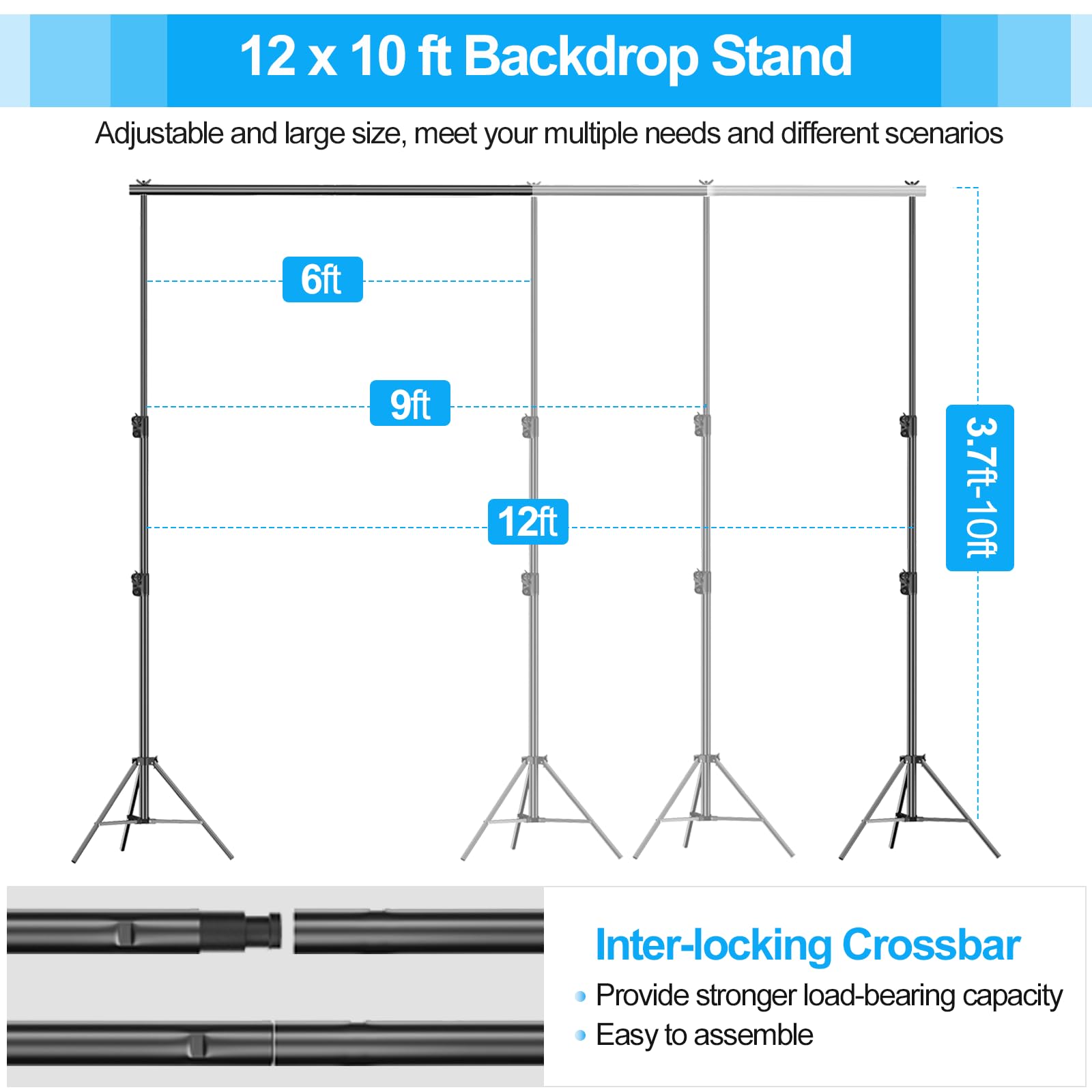 Emart Photo Video Studio Backdrop Stand, 10(H) X 12(W) Ft Heavy Duty Adjustable Photography Muslin Background Support System Kit
